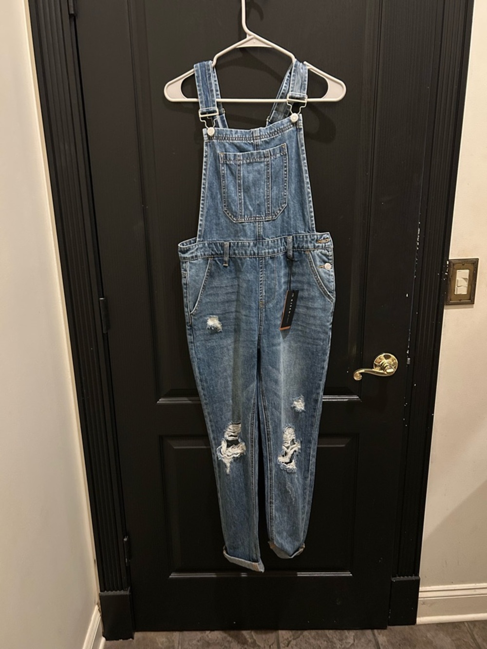 Risen Distressed Denim Overalls Medium Wash Cuffed NWT Boho Cottagecore Small - Picture 3 of 8